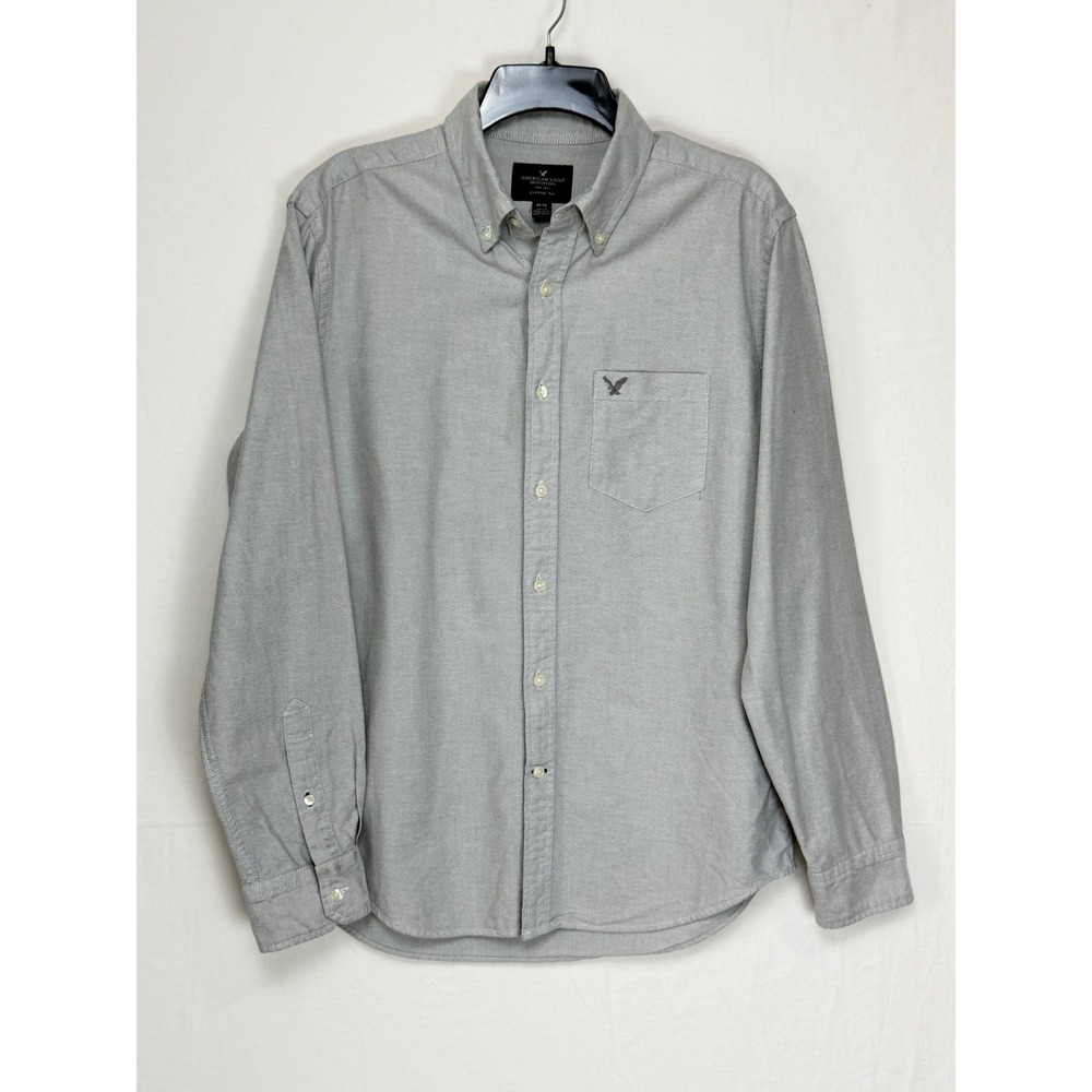 American Eagle Men Cotton Button Down Shirt M Gray Classic Fit Long Sleeve Logo